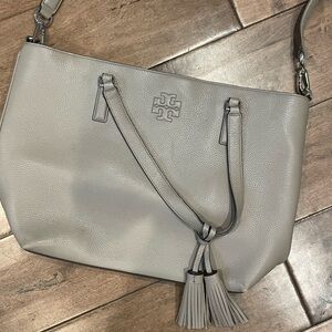 Tory Burch Gray Pebbled Shoulder Bag with Tassels